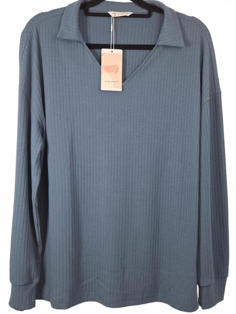 Kirundo Blue Ribbed Long Sleeve Polo Shirt